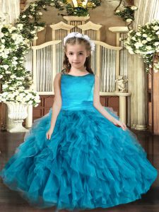 Top Selling Blue Kids Pageant Dress Party and Wedding Party with Ruffles Scoop Sleeveless Lace Up