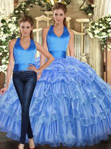 Fancy Baby Blue Sleeveless Floor Length Ruffles and Pick Ups Lace Up Sweet 16 Dresses