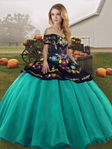 Elegant Turquoise Ball Gowns Embroidery 15 Quinceanera Dress Lace Up Tulle Sleeveless Floor Length