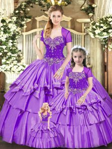 Pretty Lavender Ball Gowns Sweetheart Sleeveless Organza and Taffeta Floor Length Lace Up Beading and Ruffled Layers Quinceanera Dresses