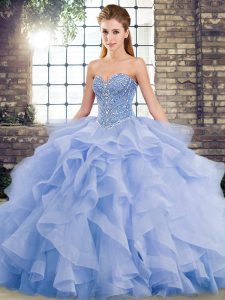 Modest Lavender Quince Ball Gowns Tulle Brush Train Sleeveless Beading and Ruffles