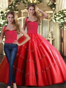 Fine Red Tulle Lace Up Halter Top Sleeveless Floor Length Vestidos de Quinceanera Appliques