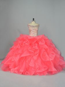 Watermelon Red Ball Gowns Off The Shoulder Sleeveless Organza Lace Up Beading and Ruffles Quinceanera Gown