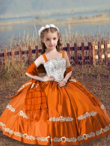 Stylish Orange Red Satin Lace Up Straps Sleeveless Floor Length Little Girls Pageant Dress Wholesale Beading and Embroidery