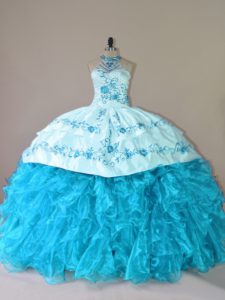 Aqua Blue Ball Gowns Embroidery and Ruffles Sweet 16 Quinceanera Dress Lace Up Organza Sleeveless