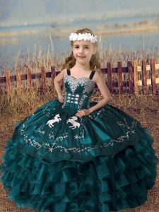 Customized Ball Gowns Girls Pageant Dresses Green Straps Organza Sleeveless Floor Length Lace Up