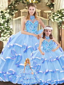 Flare Blue Lace Up Halter Top Embroidery and Ruffled Layers Sweet 16 Quinceanera Dress Organza Sleeveless