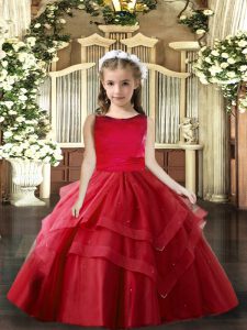 Scoop Sleeveless Lace Up Little Girl Pageant Dress Red Tulle