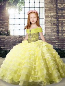 Sleeveless Brush Train Beading and Ruffled Layers Lace Up Pageant Gowns For Girls