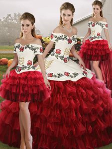 Wine Red Sweet 16 Dresses Military Ball and Sweet 16 and Quinceanera with Embroidery and Ruffled Layers Off The Shoulder Sleeveless Lace Up