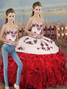 Excellent White And Red Sleeveless Organza Lace Up Quinceanera Gown for Military Ball and Sweet 16 and Quinceanera