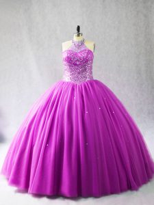 Sophisticated Lilac Tulle Lace Up Halter Top Sleeveless Quinceanera Gowns Brush Train Beading