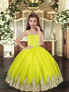 Yellow Green Tulle Lace Up Girls Pageant Dresses Sleeveless Floor Length Embroidery