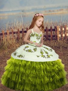 Perfect Green Sleeveless Floor Length Embroidery and Ruffled Layers Lace Up Pageant Gowns For Girls