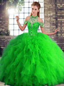 Noble Green Halter Top Neckline Beading and Ruffles Sweet 16 Dress Sleeveless Lace Up