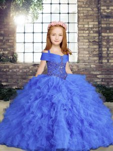 Lovely Blue Sleeveless Tulle Lace Up Little Girls Pageant Gowns for Party and Military Ball and Wedding Party