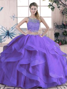 New Style Sleeveless Tulle Floor Length Lace Up 15 Quinceanera Dress in Purple with Beading and Ruffles