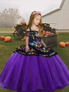 Floor Length Zipper Child Pageant Dress Eggplant Purple for Party and Wedding Party with Embroidery