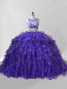 Clearance Sleeveless Organza Brush Train Zipper Quinceanera Dress in Purple with Beading and Ruffles