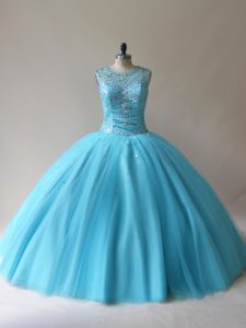 Baby Blue Tulle Lace Up Scoop Sleeveless Floor Length 15th Birthday Dress Beading