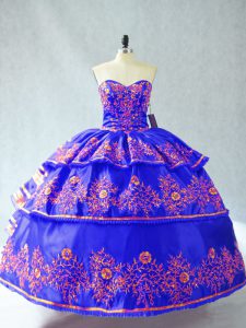 Sweetheart Sleeveless Quinceanera Gowns Floor Length Embroidery and Ruffles Blue