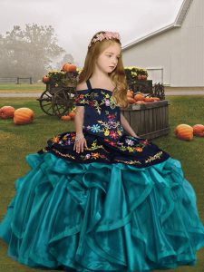 Excellent Teal Lace Up Straps Embroidery and Ruffles Little Girl Pageant Gowns Organza Sleeveless