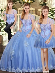 Stunning Strapless Sleeveless Quinceanera Dress Floor Length Beading and Appliques Light Blue Tulle