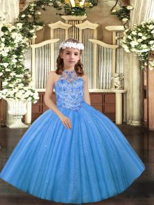 Fashion Halter Top Sleeveless Lace Up Pageant Gowns For Girls Baby Blue Tulle