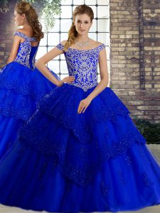 Cheap Royal Blue Off The Shoulder Neckline Beading and Lace Quinceanera Gowns Sleeveless Lace Up