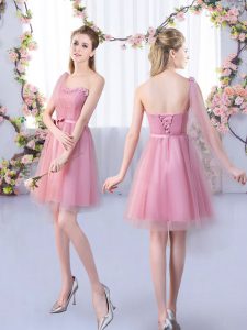 Stunning Pink A-line One Shoulder Sleeveless Tulle Mini Length Lace Up Appliques and Belt Quinceanera Dama Dress