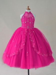 Popular Beading and Appliques Little Girl Pageant Dress Fuchsia Lace Up Sleeveless Floor Length