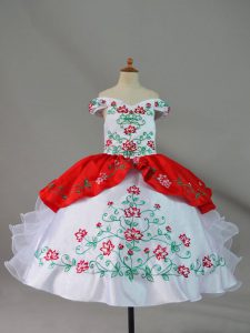 White And Red Lace Up Kids Pageant Dress Embroidery and Ruffles Sleeveless Floor Length