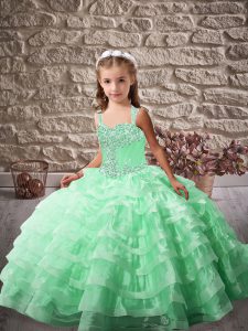 Apple Green Ball Gowns Organza Straps Sleeveless Beading and Ruffled Layers Lace Up Child Pageant Dress Brush Train