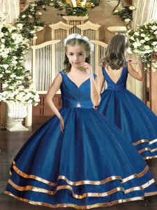 Organza V-neck Sleeveless Backless Beading Little Girls Pageant Dress Wholesale in Navy Blue