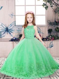 Tulle Sleeveless Floor Length Little Girls Pageant Gowns and Lace and Appliques