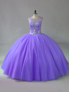 Lavender Ball Gowns Tulle Scoop Sleeveless Beading Lace Up Sweet 16 Dress