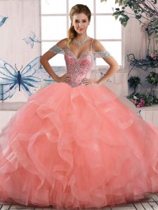 Peach Ball Gowns Tulle Off The Shoulder Sleeveless Beading and Ruffles Floor Length Lace Up Quince Ball Gowns