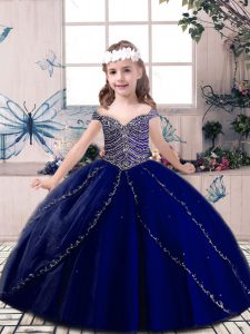 Custom Fit Blue Lace Up Little Girl Pageant Gowns Beading Sleeveless Floor Length