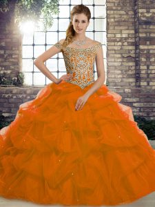 Brush Train Ball Gowns 15th Birthday Dress Rust Red Off The Shoulder Tulle Sleeveless Lace Up