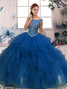 Blue Sleeveless Beading and Ruffles Floor Length 15 Quinceanera Dress