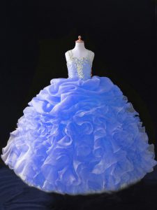 High End Straps Sleeveless Kids Pageant Dress Floor Length Beading and Ruffles and Pick Ups Blue Organza