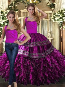 Trendy Fuchsia Sleeveless Floor Length Embroidery and Ruffles Lace Up 15th Birthday Dress