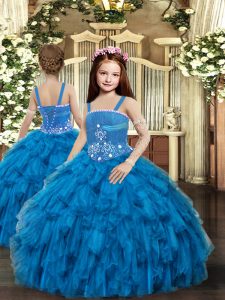 Adorable Blue Sleeveless Beading Floor Length Little Girls Pageant Gowns