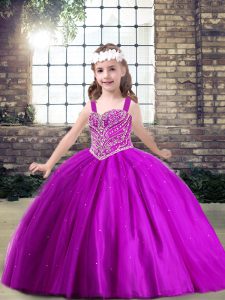 Straps Sleeveless Little Girl Pageant Gowns Floor Length Beading Fuchsia Tulle