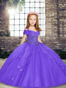 Floor Length Ball Gowns Sleeveless Lavender Little Girls Pageant Gowns Lace Up