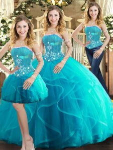 Hot Sale Aqua Blue Sleeveless Beading and Ruffles Floor Length Quince Ball Gowns