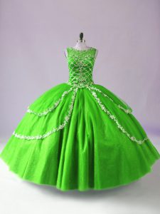 Shining Scoop Sleeveless Sweet 16 Dress Floor Length Beading and Appliques Green Tulle