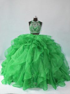 Green Halter Top Neckline Beading and Ruffles Quinceanera Gowns Sleeveless Backless