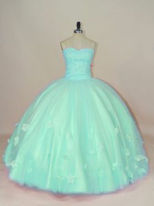 Amazing Apple Green Ball Gowns Sweetheart Sleeveless Tulle Floor Length Lace Up Hand Made Flower 15 Quinceanera Dress