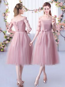 Perfect Empire Vestidos de Damas Pink Off The Shoulder Tulle Half Sleeves Tea Length Lace Up